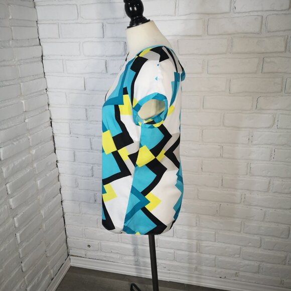 Worthington Ladies Size medium Teal Yellow White Grey & Black Patterned Blouse - Picture 4 of 9